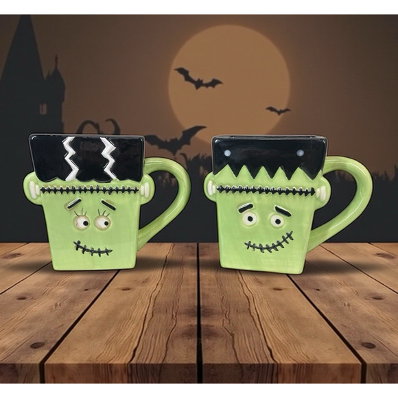 Transpac Frankenstein & Bride Ceramic Mug Set Of 2 Halloween His & Hers - Picture 1 of 10